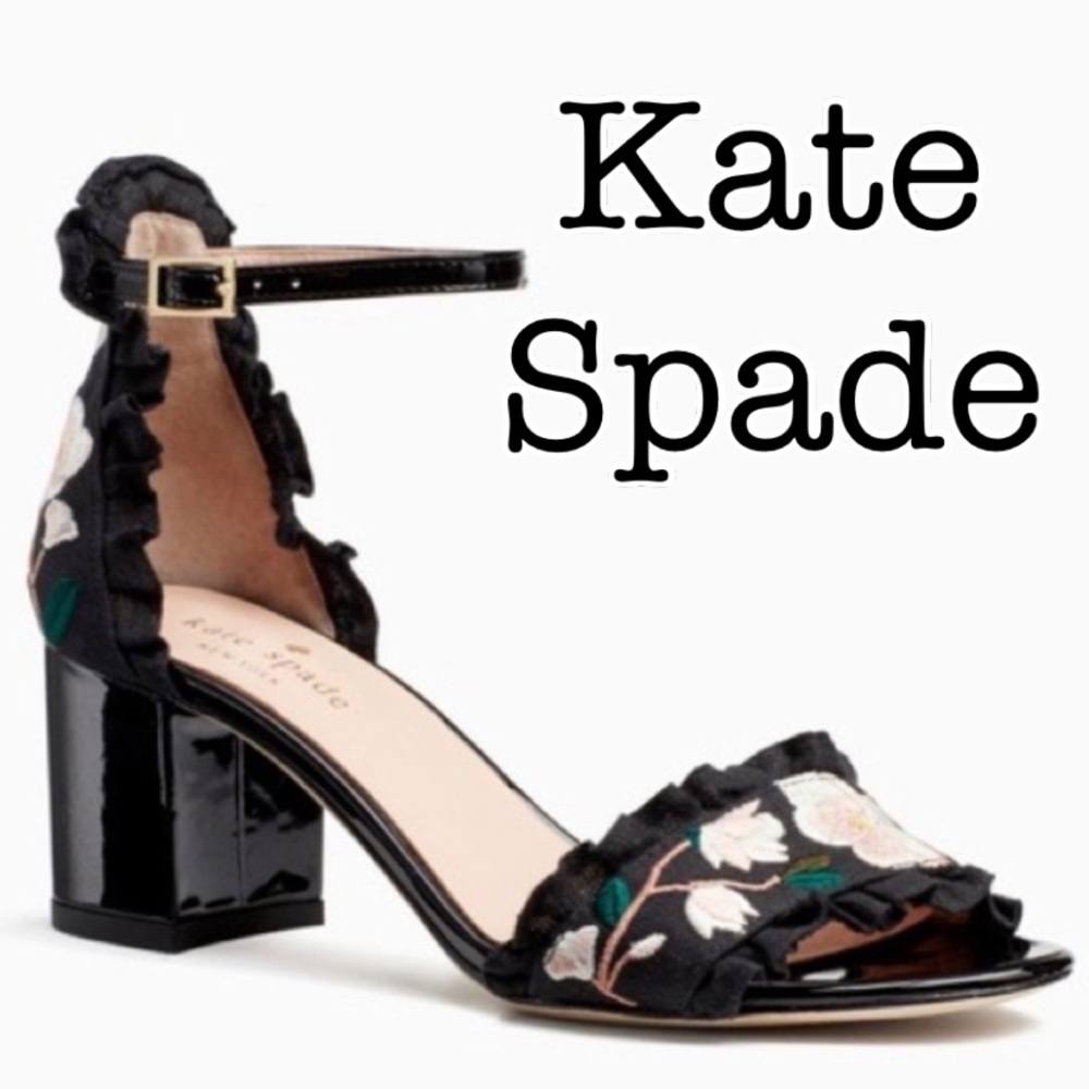 Kate Spade Wayne Black Embroider Floral  Linen Heels Size 7